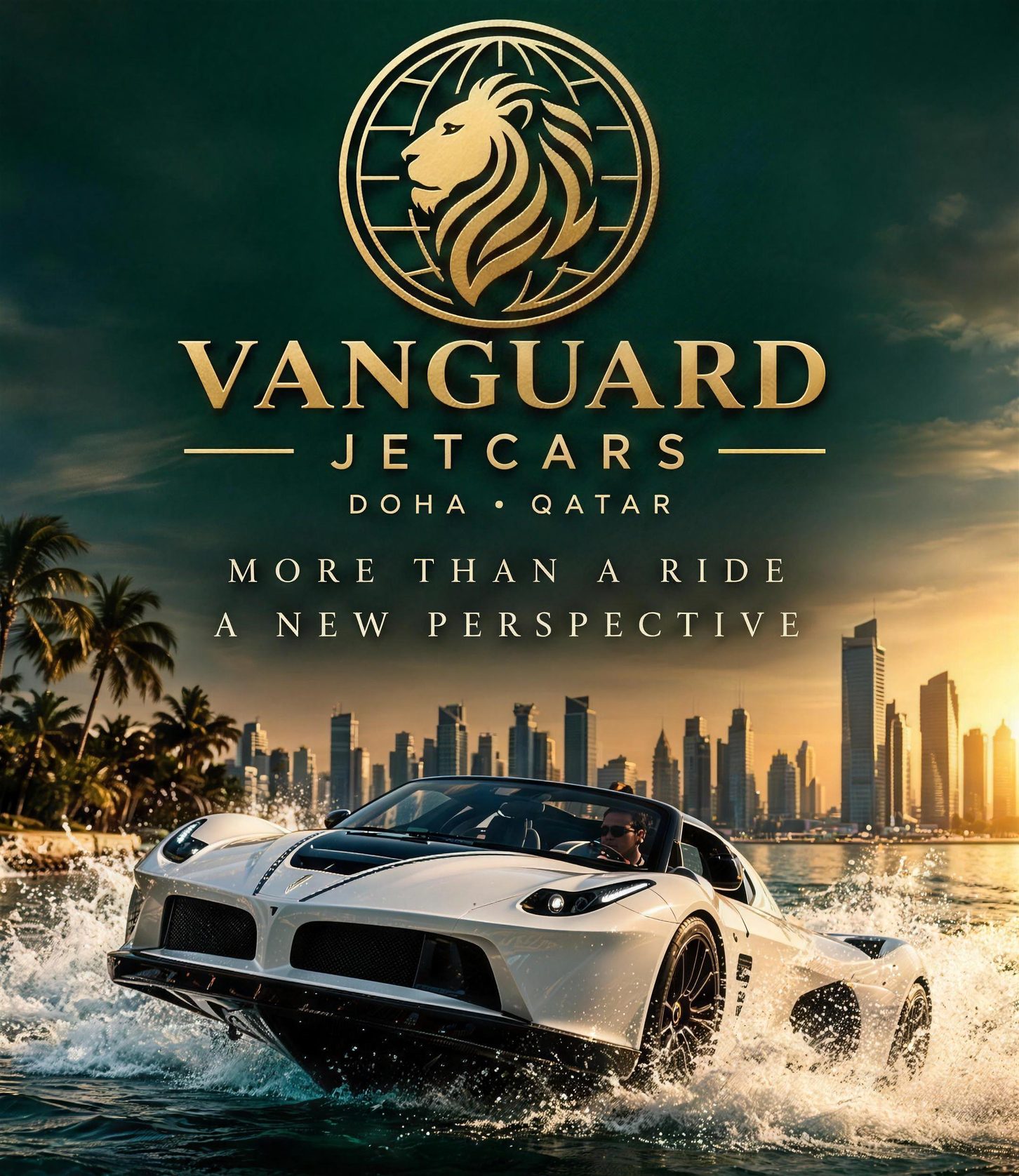 Vanguard Jetcars lion emblem above a white jetcar racing across the water in front of the Doha skyline at sunset